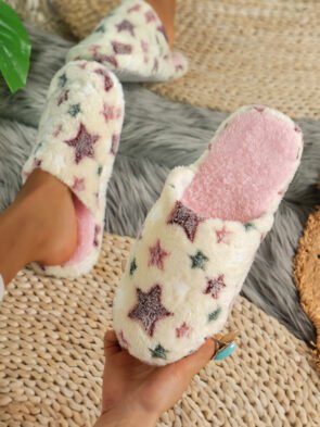 Beige Star Pattern Plush Home Slippers
