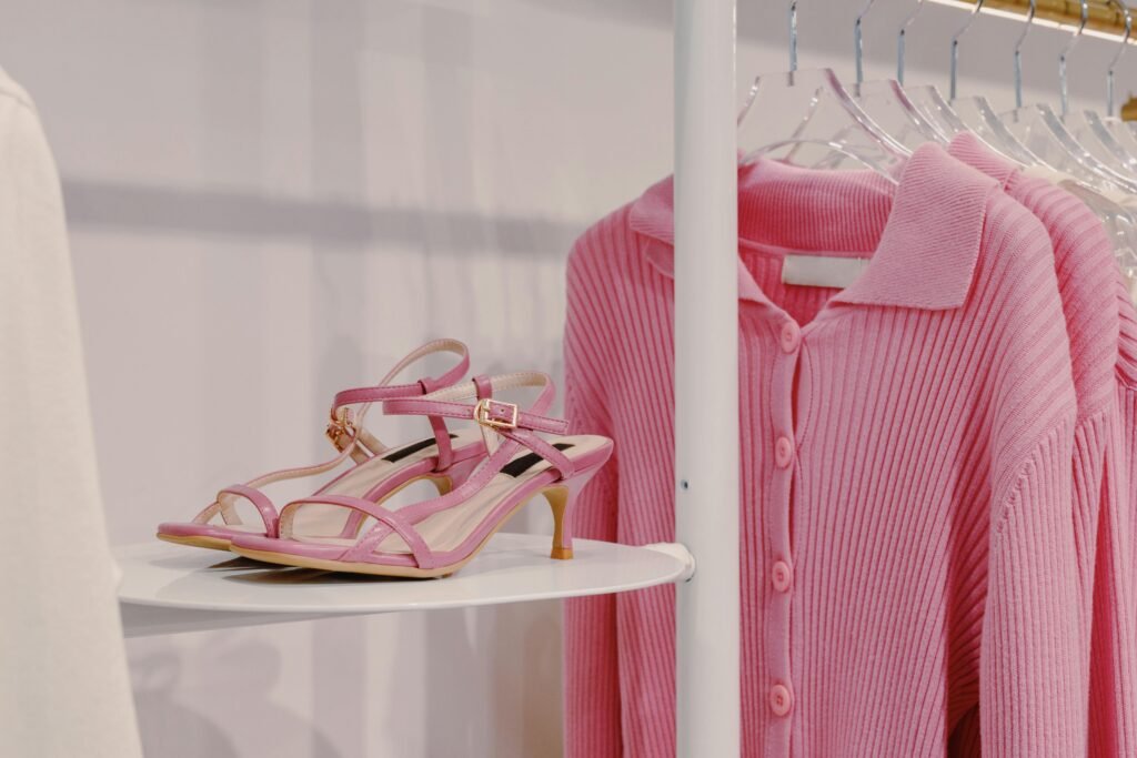 Elegant pink sandals and a knit sweater displayed on a shelf in a fashion boutique.