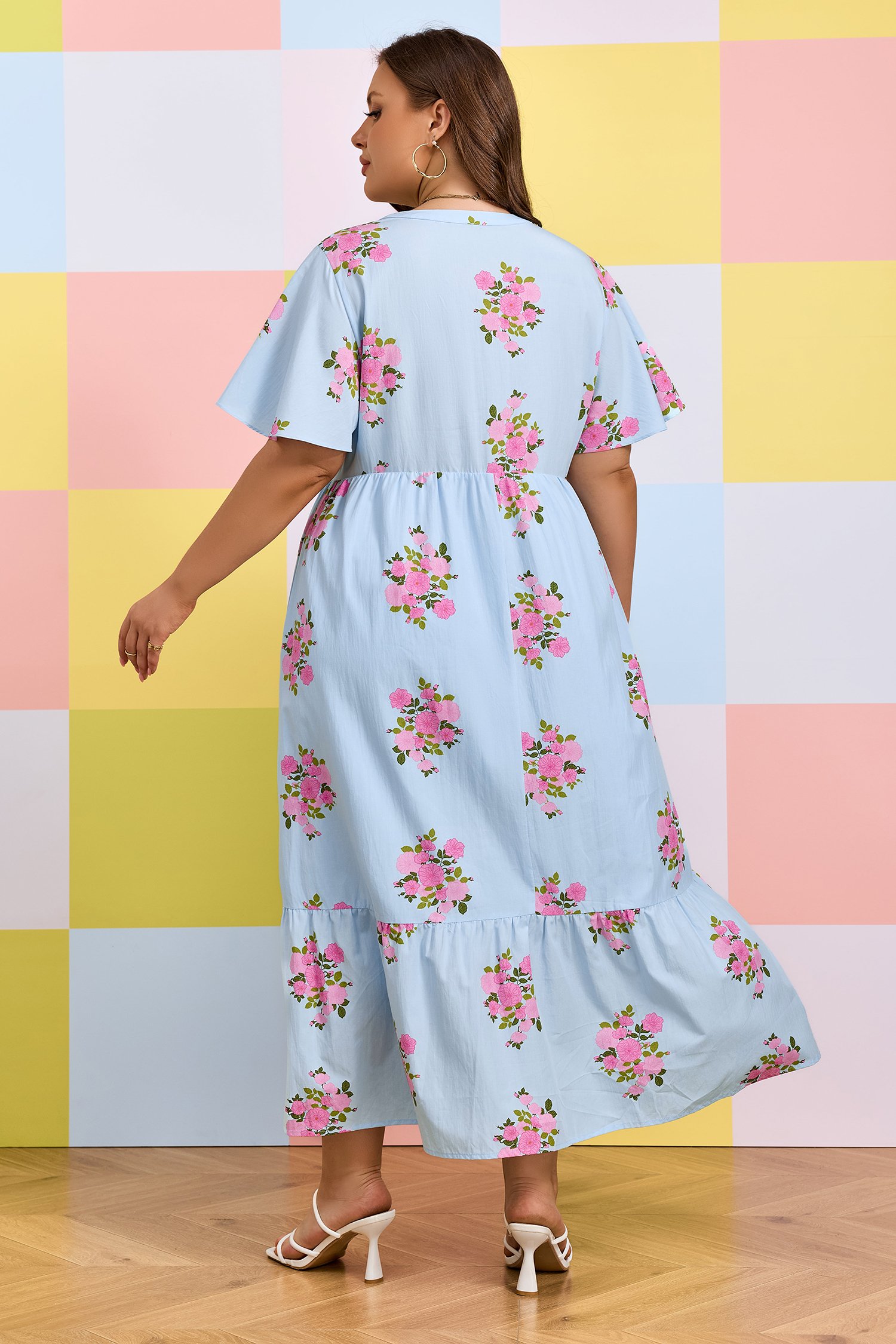 Sky Blue Plus Size Floral Print Scalloped Trim V-Neck Dress - Image 2