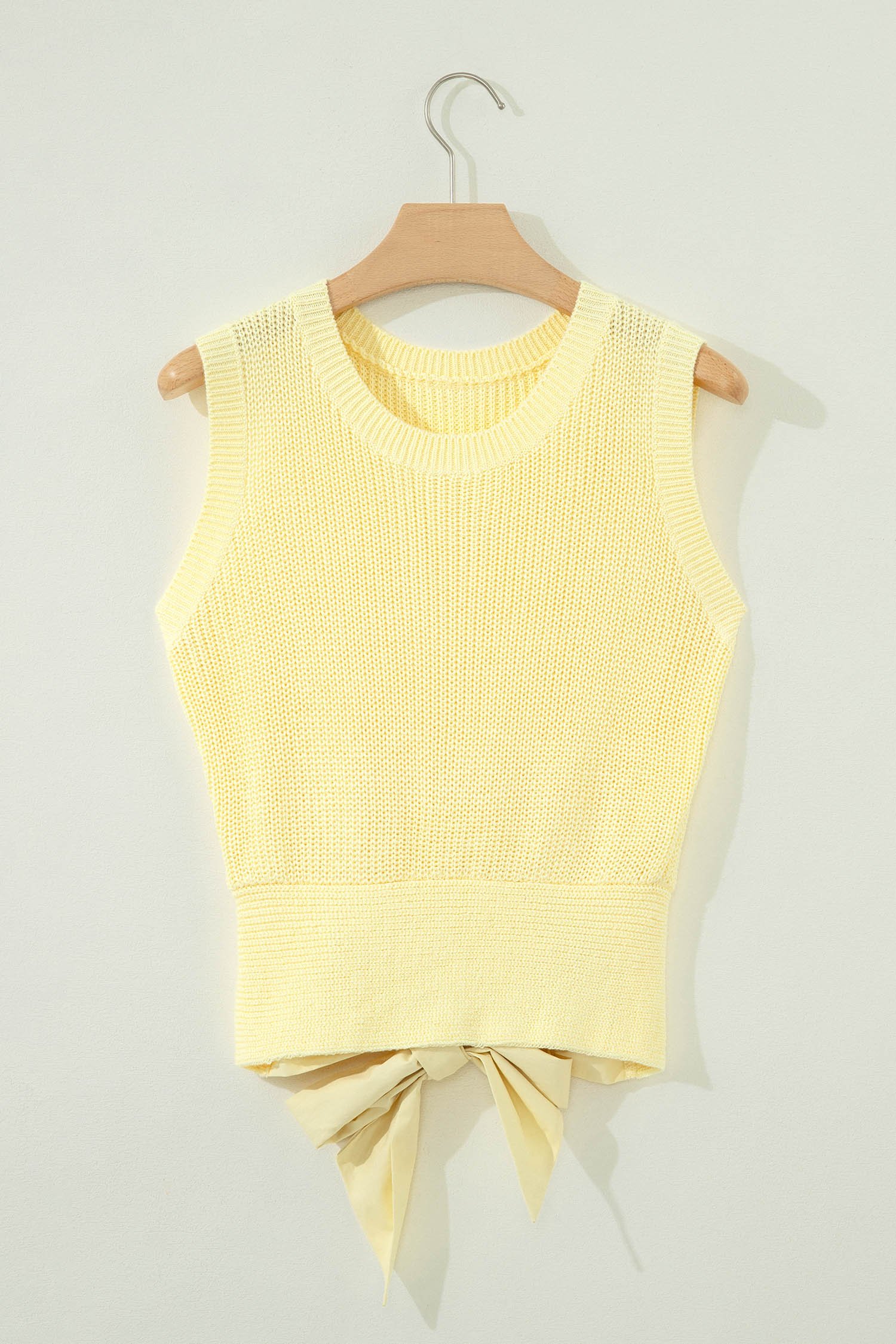 Yellow Cream Solid Color Cropped Knit Knot Back Cutout Sweater Tank - Image 4