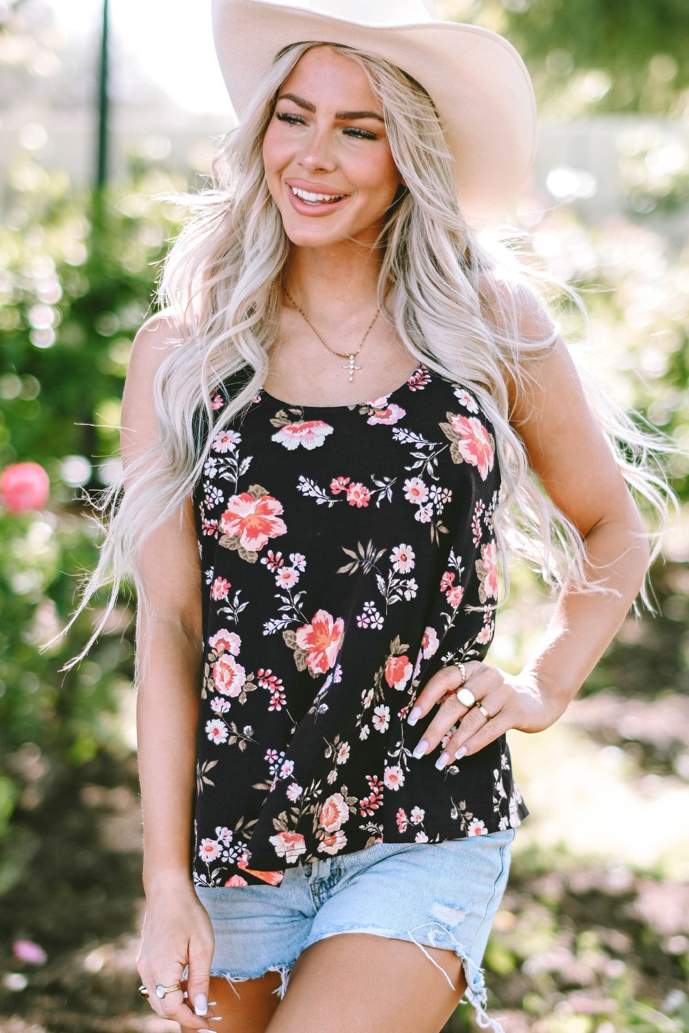 Black Floral Spaghetti Straps Strappy Back Tank Top - Image 4