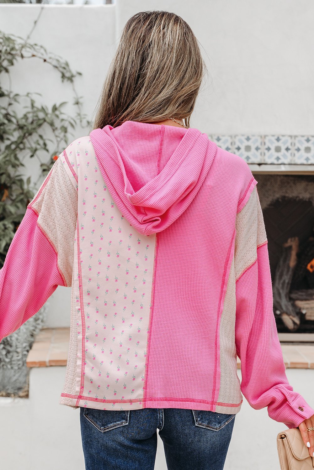 Pink Mixed Texture Waffle Floral Patchwork Hooded Oversize Pullover - Image 2