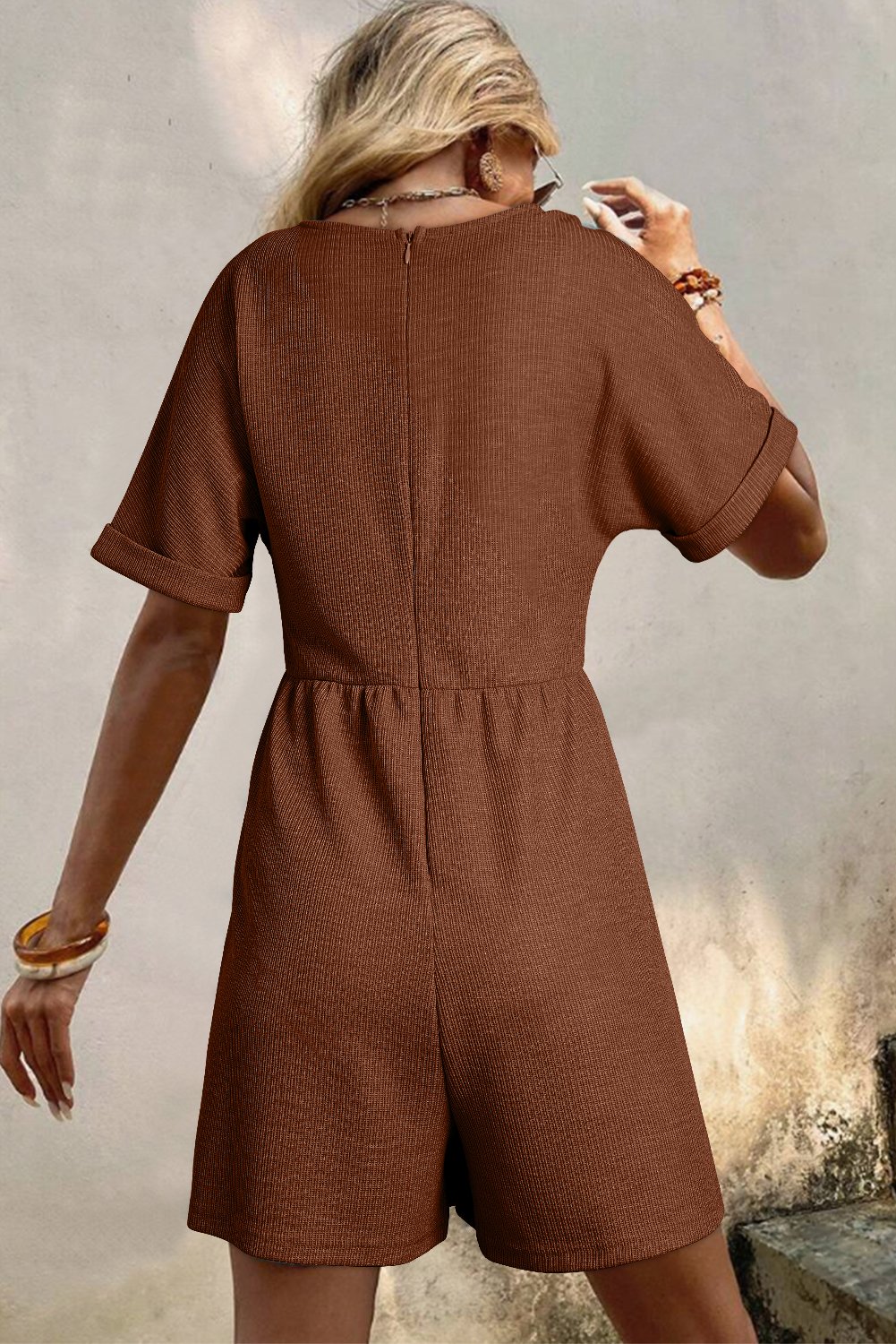 Coffee Solid Color Knit V Neck Zipped Loose Romper - Image 2