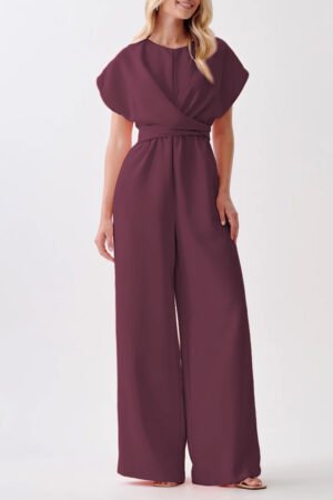 Burgundy Solid Color Cap Sleeve Knot Waist Shift Jumpsuit