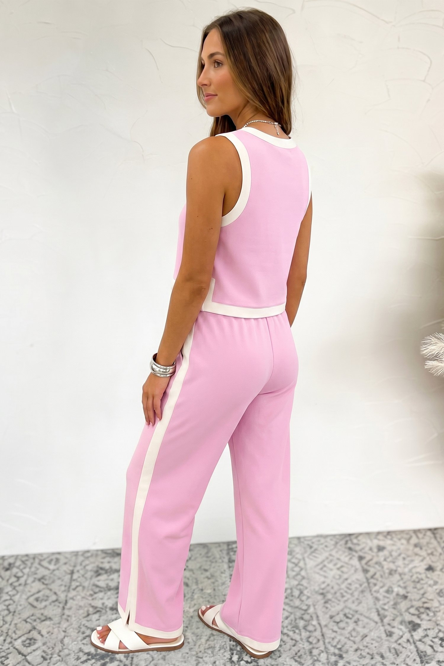 Pink Colorblock Trim Cropped Tank Elastic Waist Shift Pants 2pcs Set - Image 2
