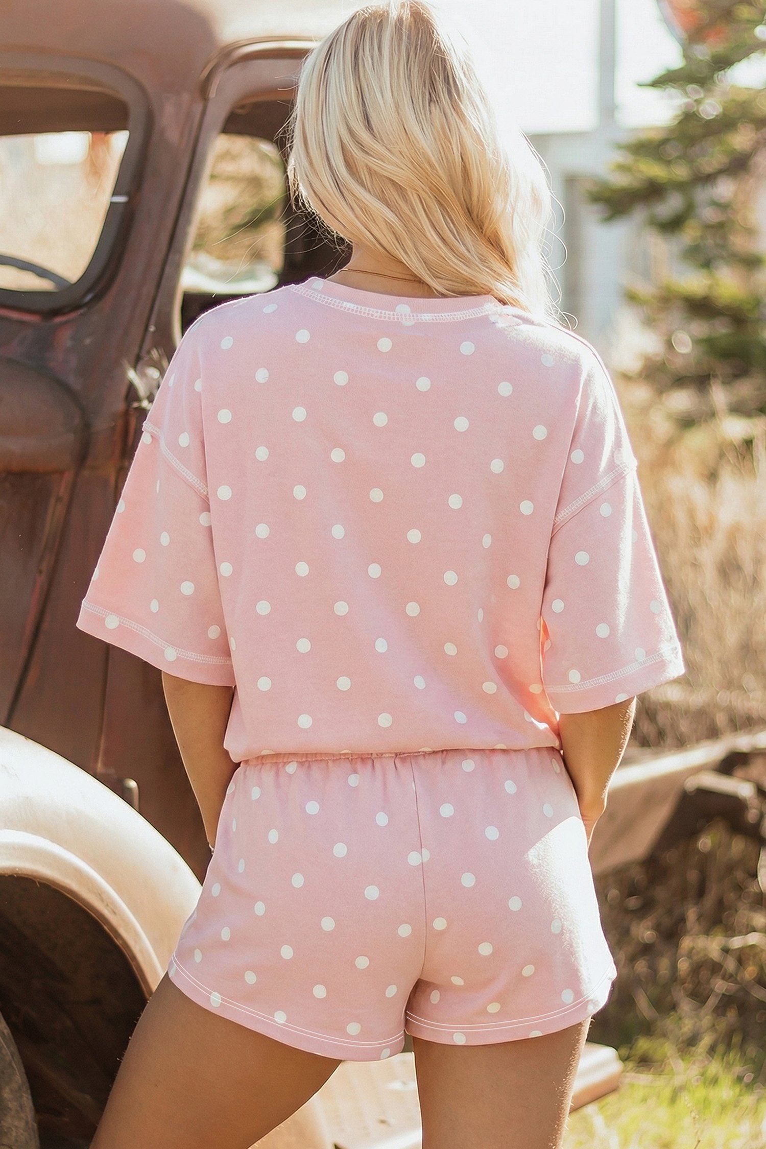 Pink Exposed Seam Detail Polka Dot Loose Tee Drawstring Shorts Set - Image 2