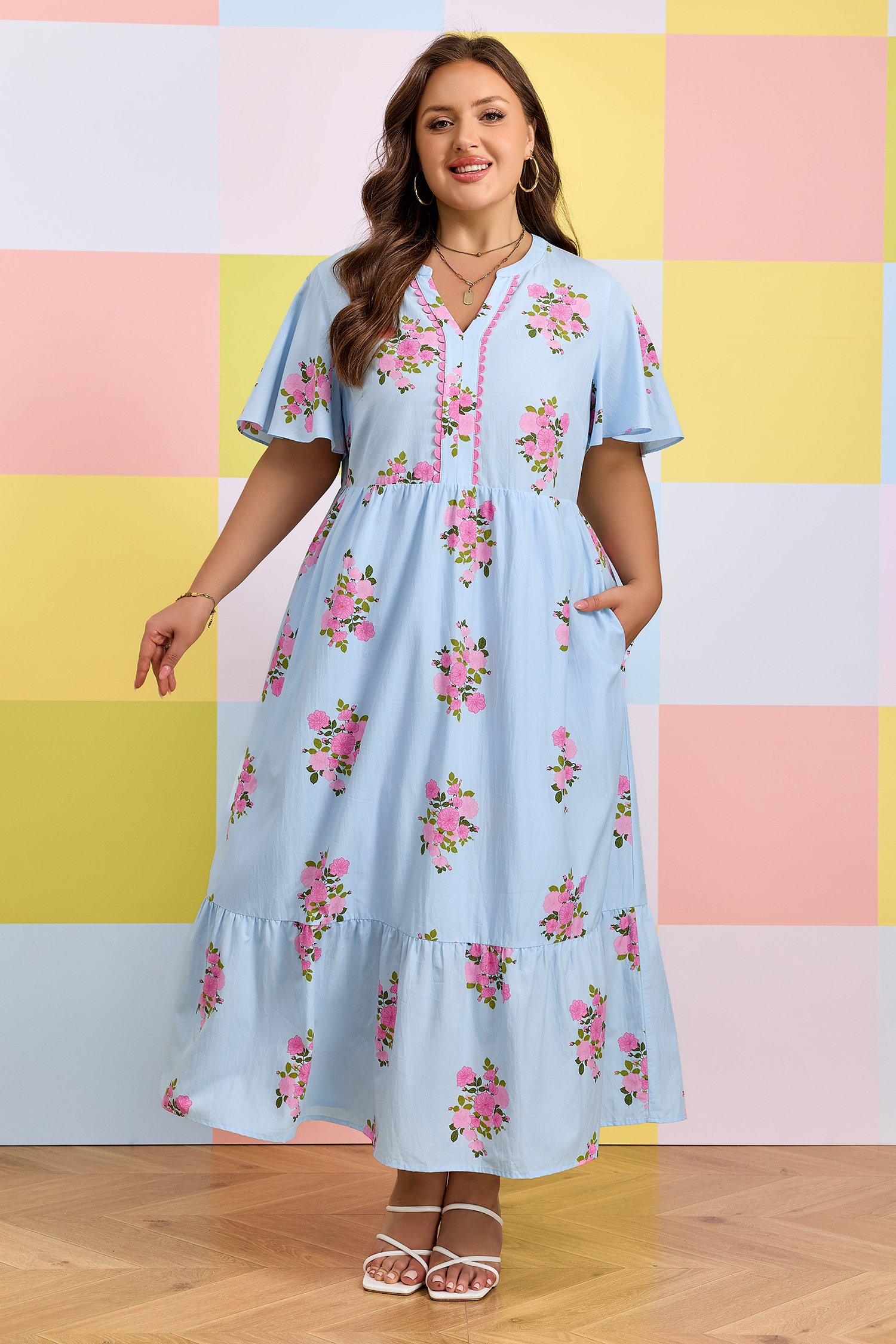 Sky Blue Plus Size Floral Print Scalloped Trim V-Neck Dress - Image 4