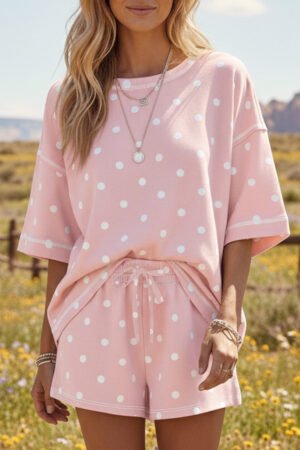 Pink Exposed Seam Detail Polka Dot Loose Tee Drawstring Shorts Set