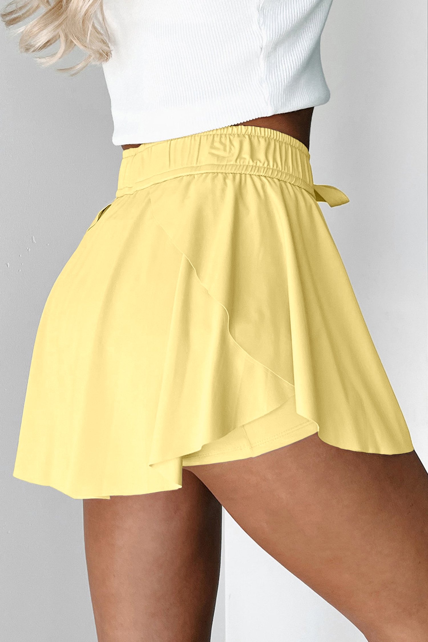 Yellow Cream Drawstring Elastic Waistband Lined Tennis Skorts - Image 4