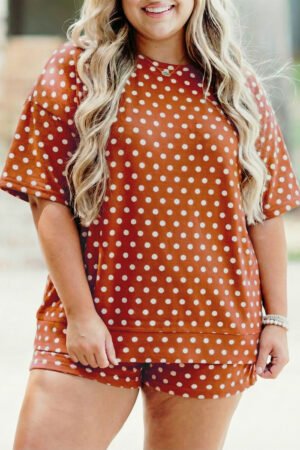 Brown Polka Dot Print Dropped Shoulder Tee Plus Size Short Set