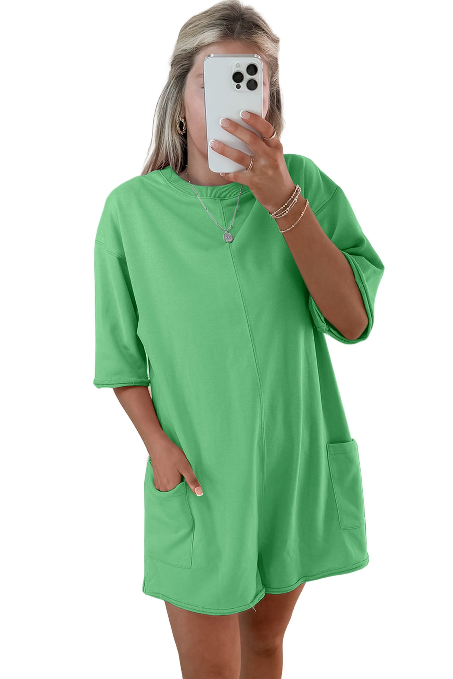 Bright Green Solid Color Raw Edge Half Sleeve Pocketed Loose Romper - Image 4