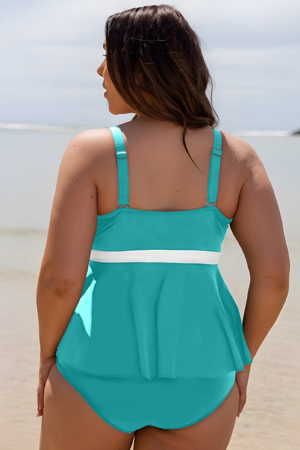 Turquoise Solid Color/ Printed/ Color Block Contrast Waistband Plus Size Flare Two Piece Tankini Swimsuit - Image 2
