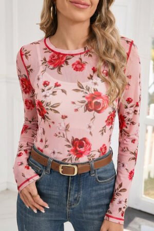 Pink Floral Print Exposed Seam Detail Mesh Long Sleeve Top