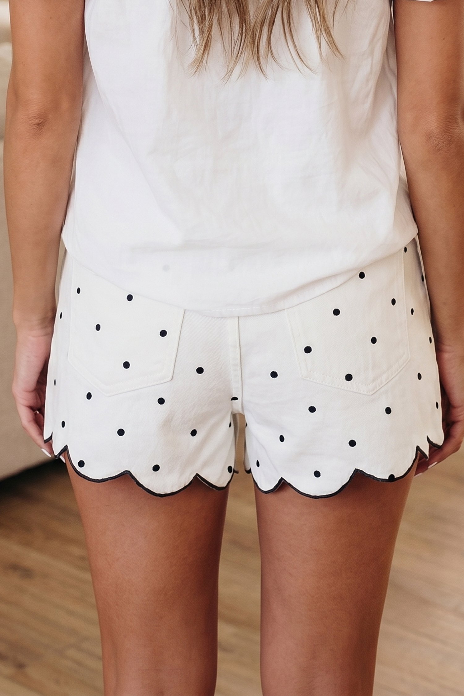 White Polka Dot Print Embroidered Scallop Hem Shorts - Image 2