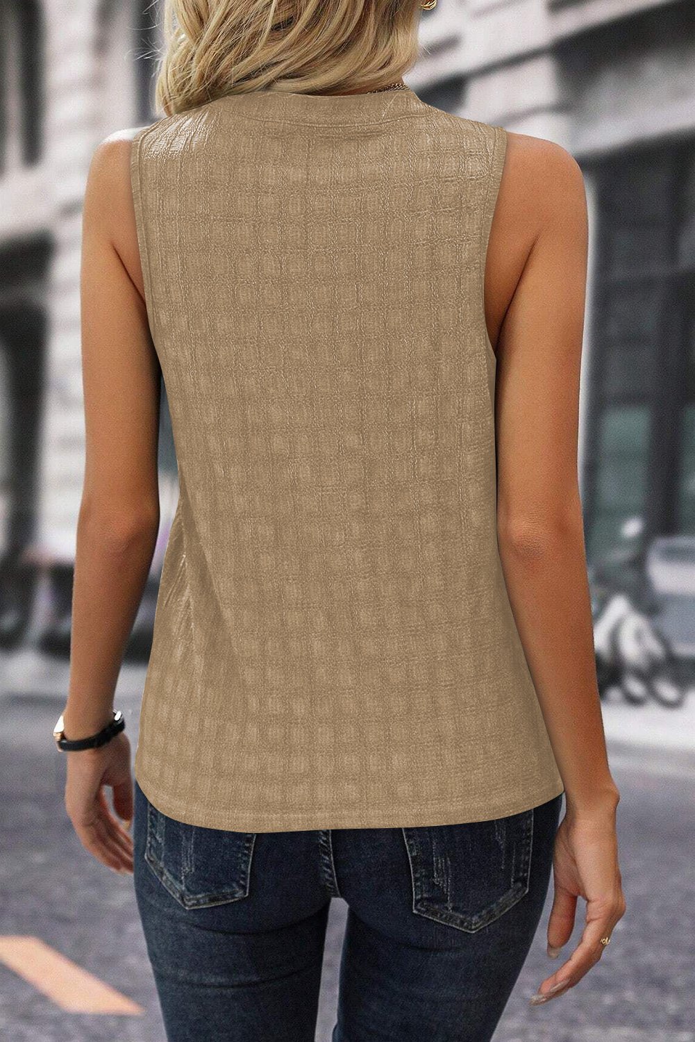 Light French Beige Lattice Textured Split Neck Tank Top - Image 2