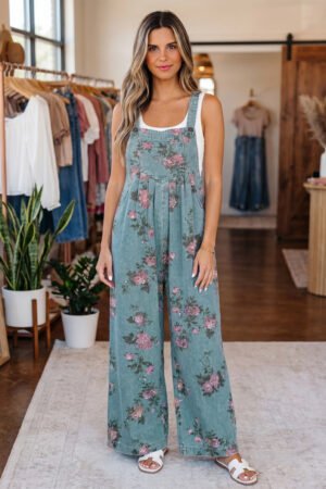 Beau Blue Floral Print Pleated High Waist Wide Leg Denim Jumpsuit