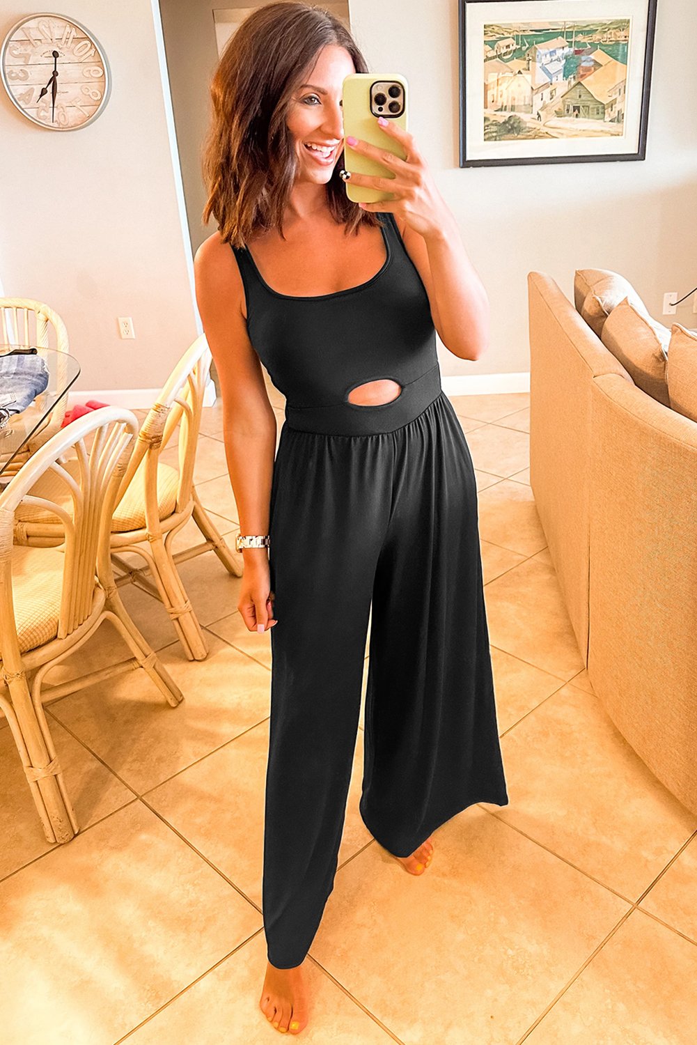 Black Peekaboo Wide Leg Square Neck Sleeveless Jumpsuit - Image 4