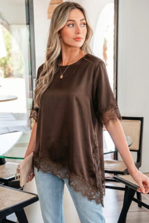 Coffee Asymmetric Lace Trim Short Sleeve Satin Top