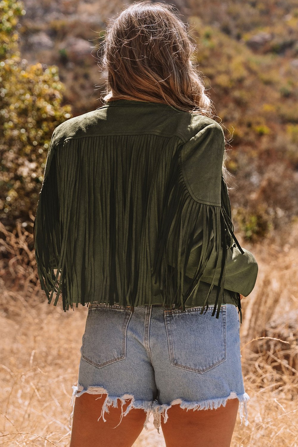 Green Cropped Fringe Faux Suede Jacket - Image 4