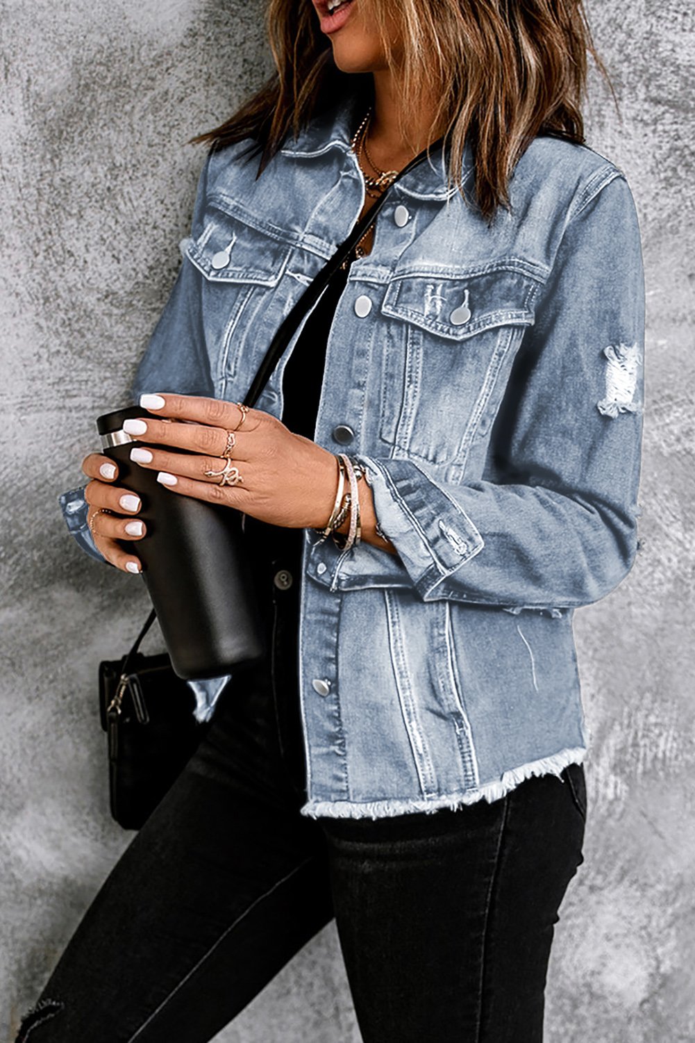 Sky Blue Lapel Distressed Raw Hem Buttons Denim Jacket - Image 3