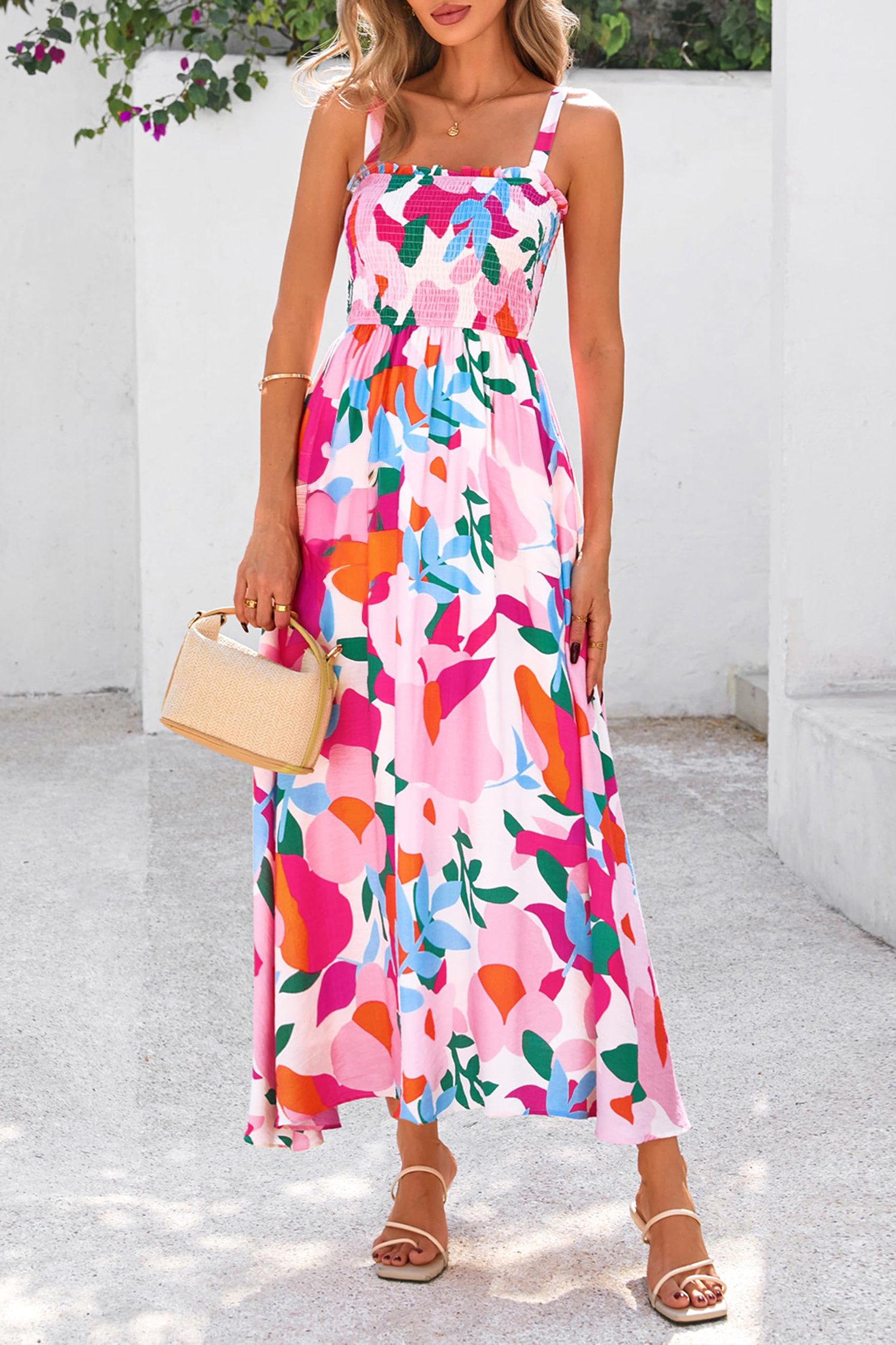 Pink Floral Print Adjustable Straps Smocked High Waist Sundress - Image 4