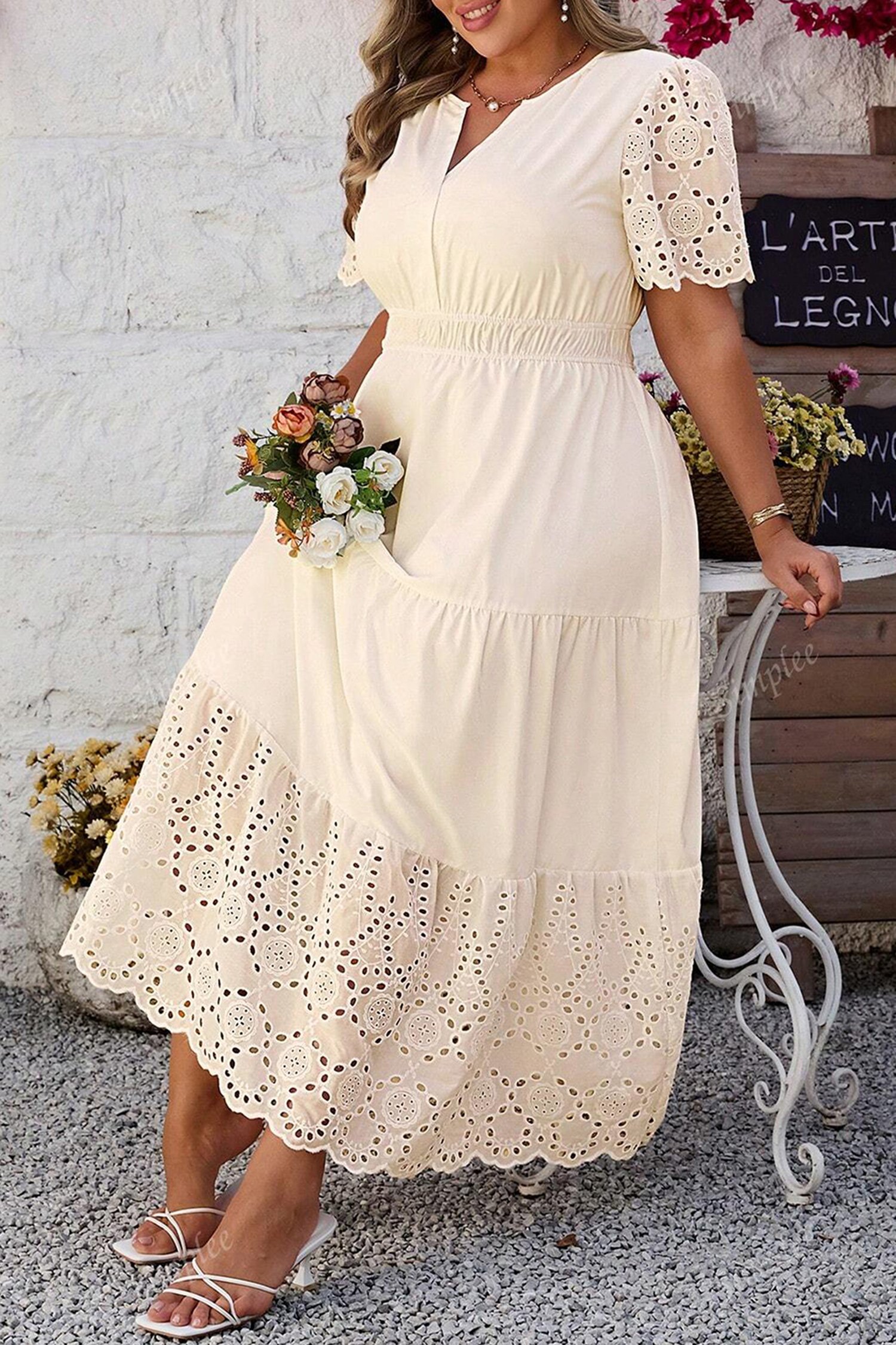 Apricot Plus Size V Neck Lacy Embroidery Patchwork Short Sleeve Maxi Dress - Image 3