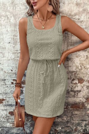 Four Leaf Clover Eyelet Textured Square Neck Drawstring Mini Dress