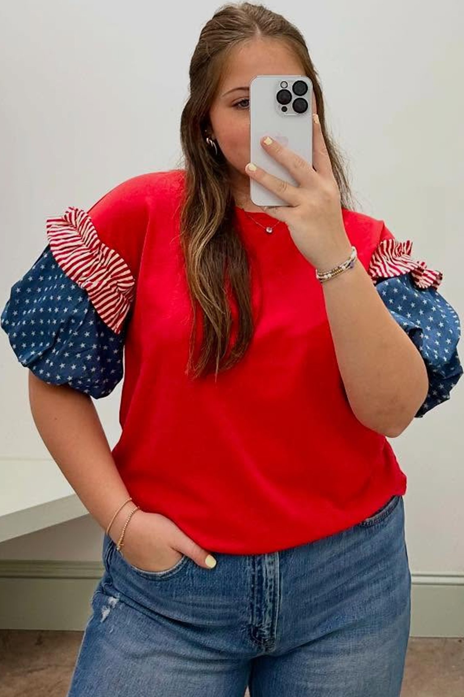 Fiery Red Plus Size Striped Ruffles Star Short Bubble Sleeve Patchwork Top - Image 3