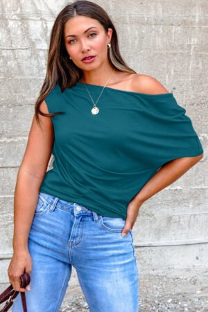 Blue Sapphire Plus Size Solid Color Asymmetric Neck Short Sleeve Blouse