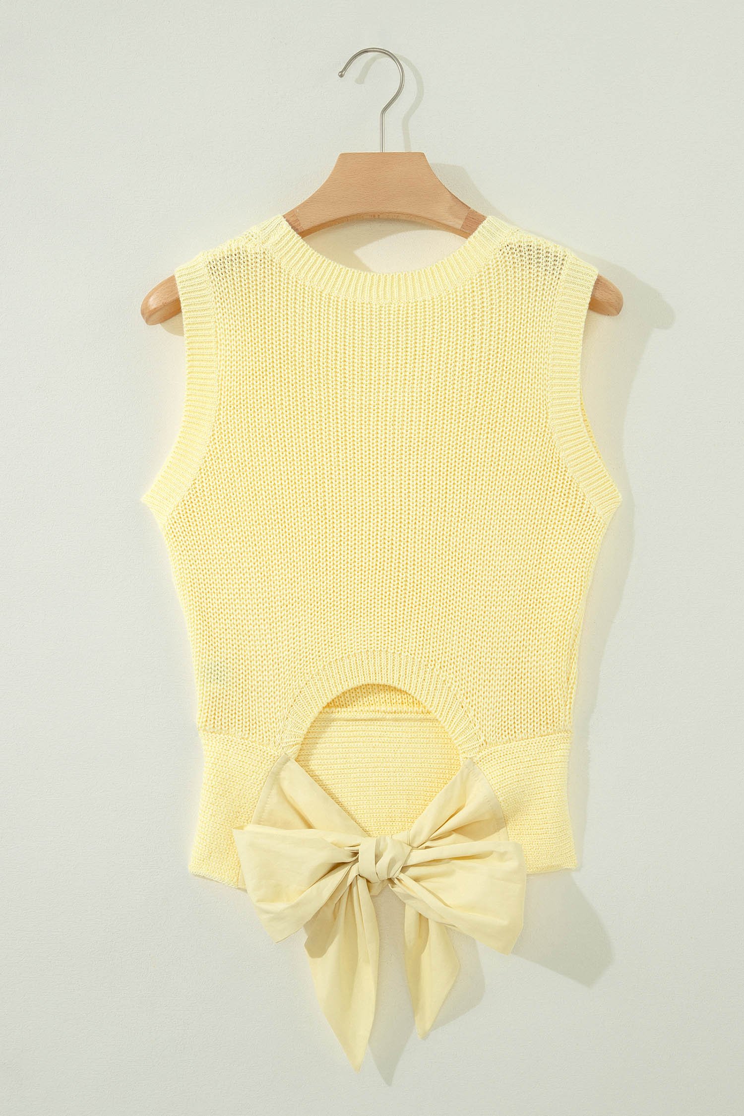 Yellow Cream Solid Color Cropped Knit Knot Back Cutout Sweater Tank - Image 5