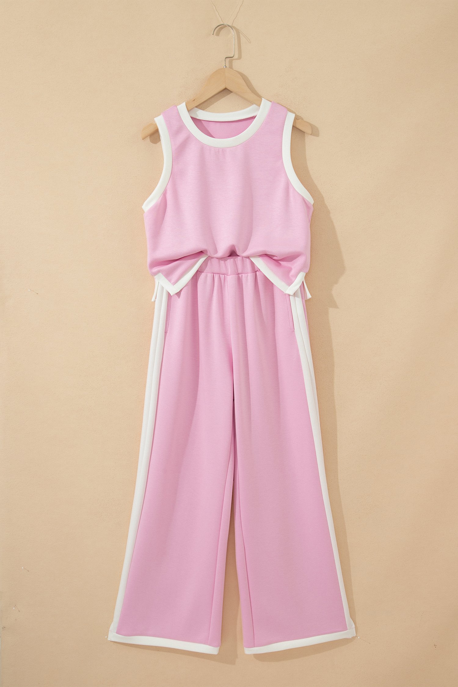 Pink Colorblock Trim Cropped Tank Elastic Waist Shift Pants 2pcs Set - Image 5