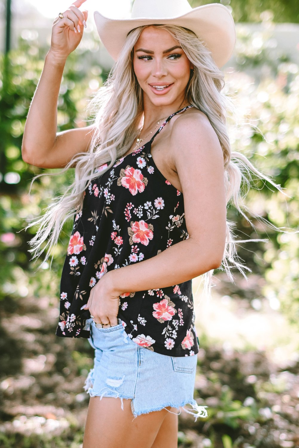 Black Floral Spaghetti Straps Strappy Back Tank Top - Image 3
