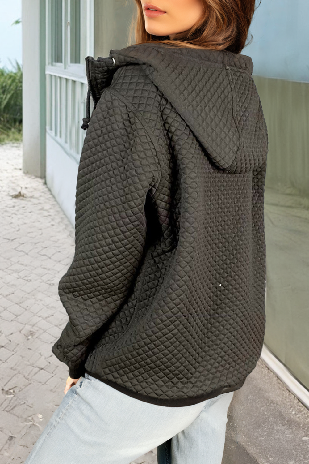 Black Quilted Side Pockets Zipper Hooded Jacket - Image 2