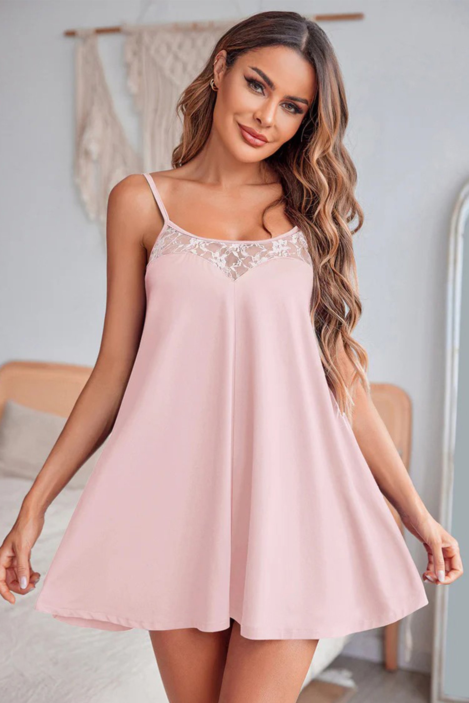 Light Pink Sheer Lace Patchwork Camisole Nightgown Dress - Image 2