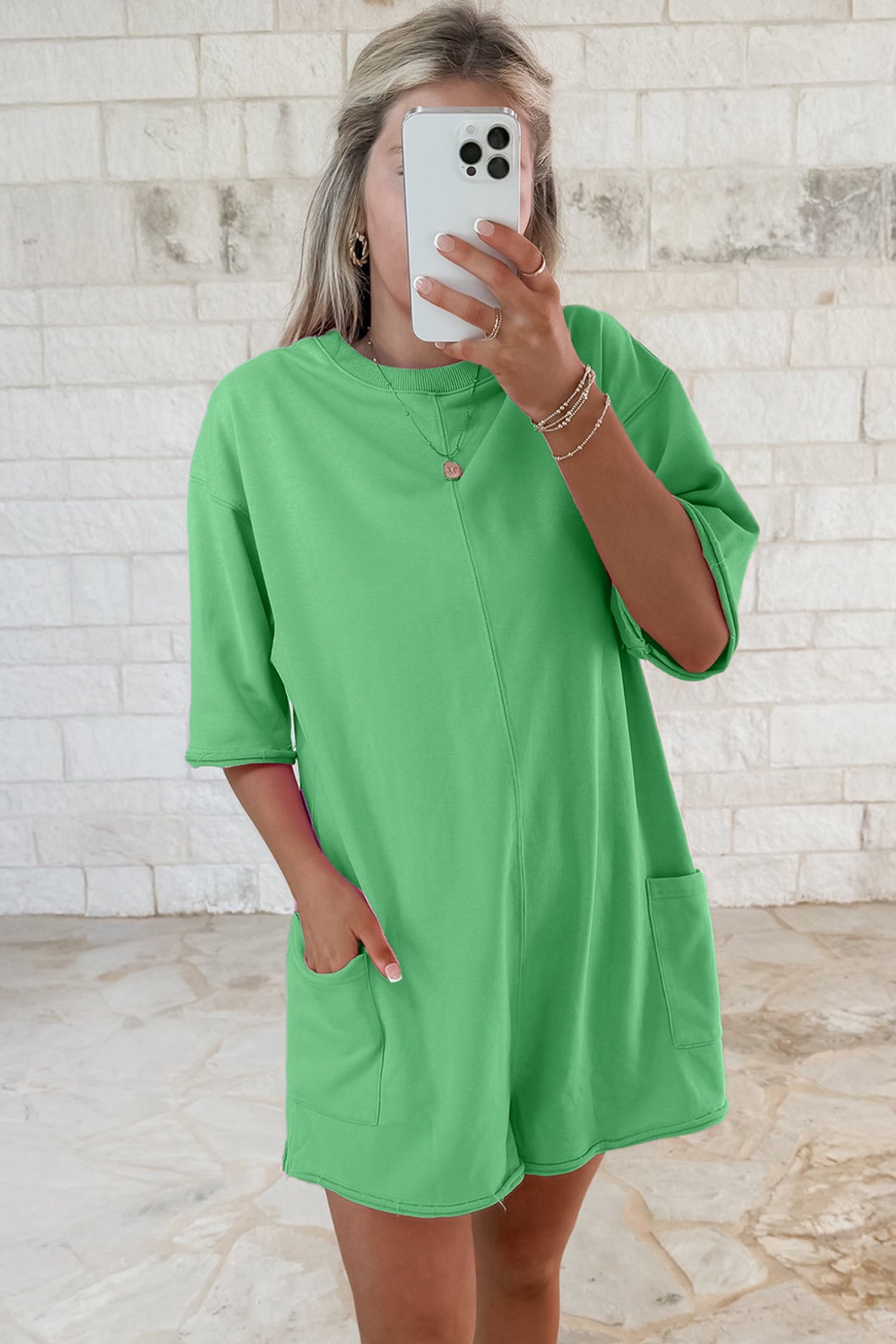 Bright Green Solid Color Raw Edge Half Sleeve Pocketed Loose Romper - Image 3