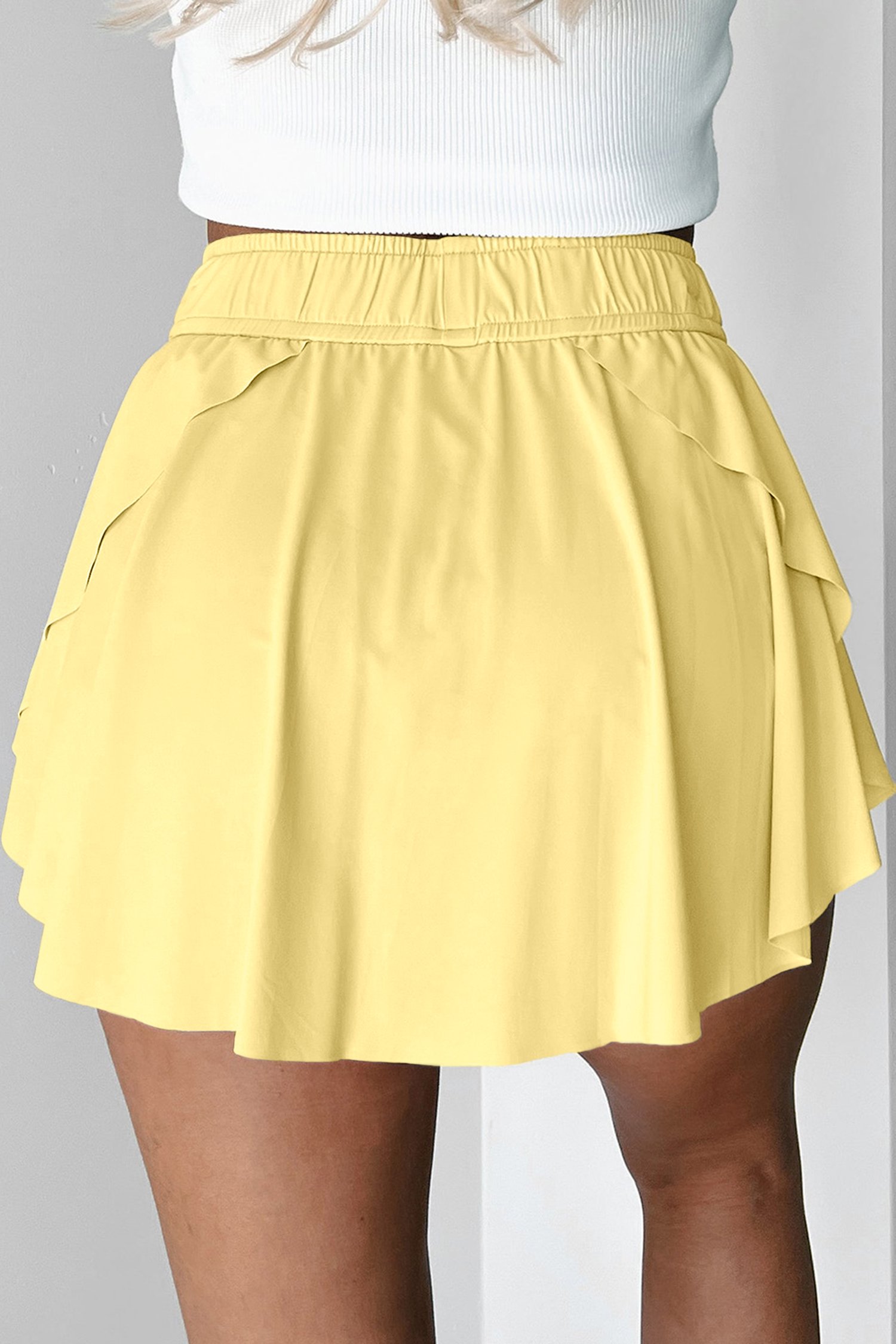 Yellow Cream Drawstring Elastic Waistband Lined Tennis Skorts - Image 2