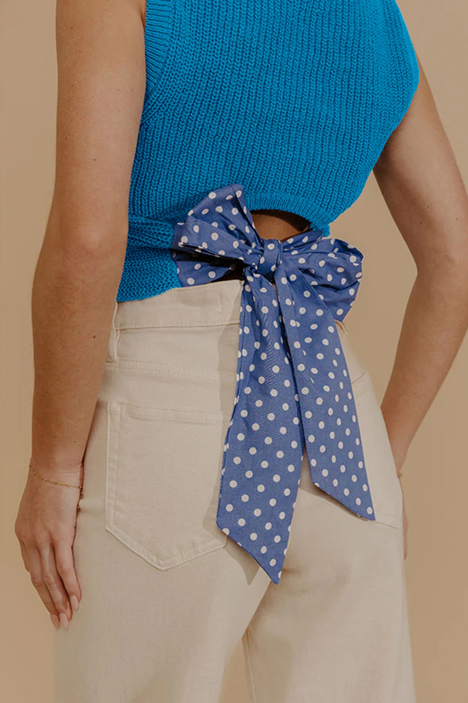 Myosotis Slim Knit Polka Dot Knot Back Cropped Sweater Tank - Image 4