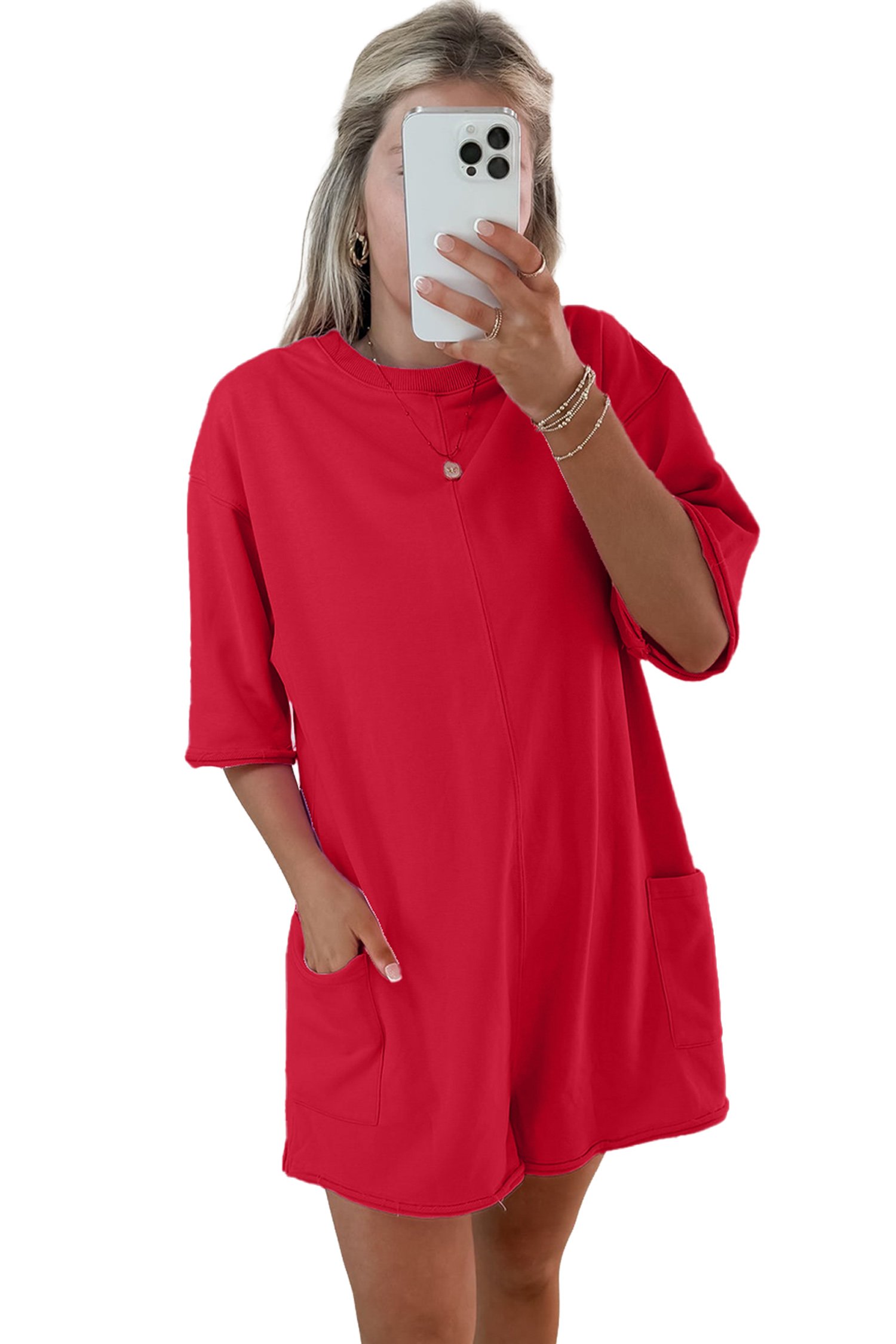 Fiery Red Solid Color Raw Edge Half Sleeve Pocketed Loose Romper - Image 4