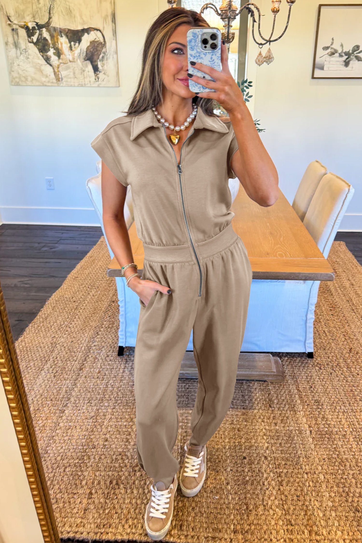 Dark Khaki Solid Color Zip Front Short Sleeve Collared Jumpsuit - Image 4
