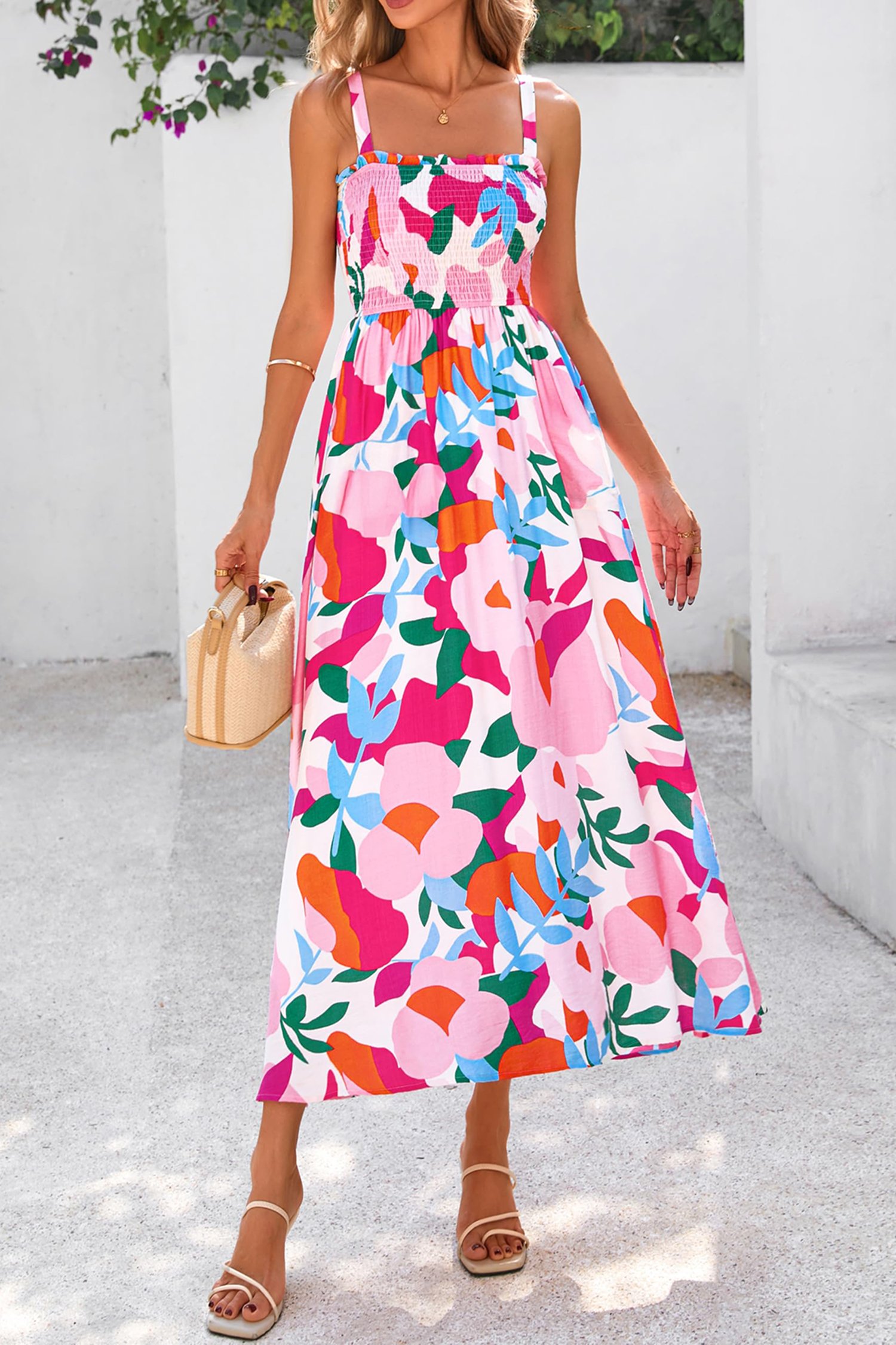 Pink Floral Print Adjustable Straps Smocked High Waist Sundress - Image 3