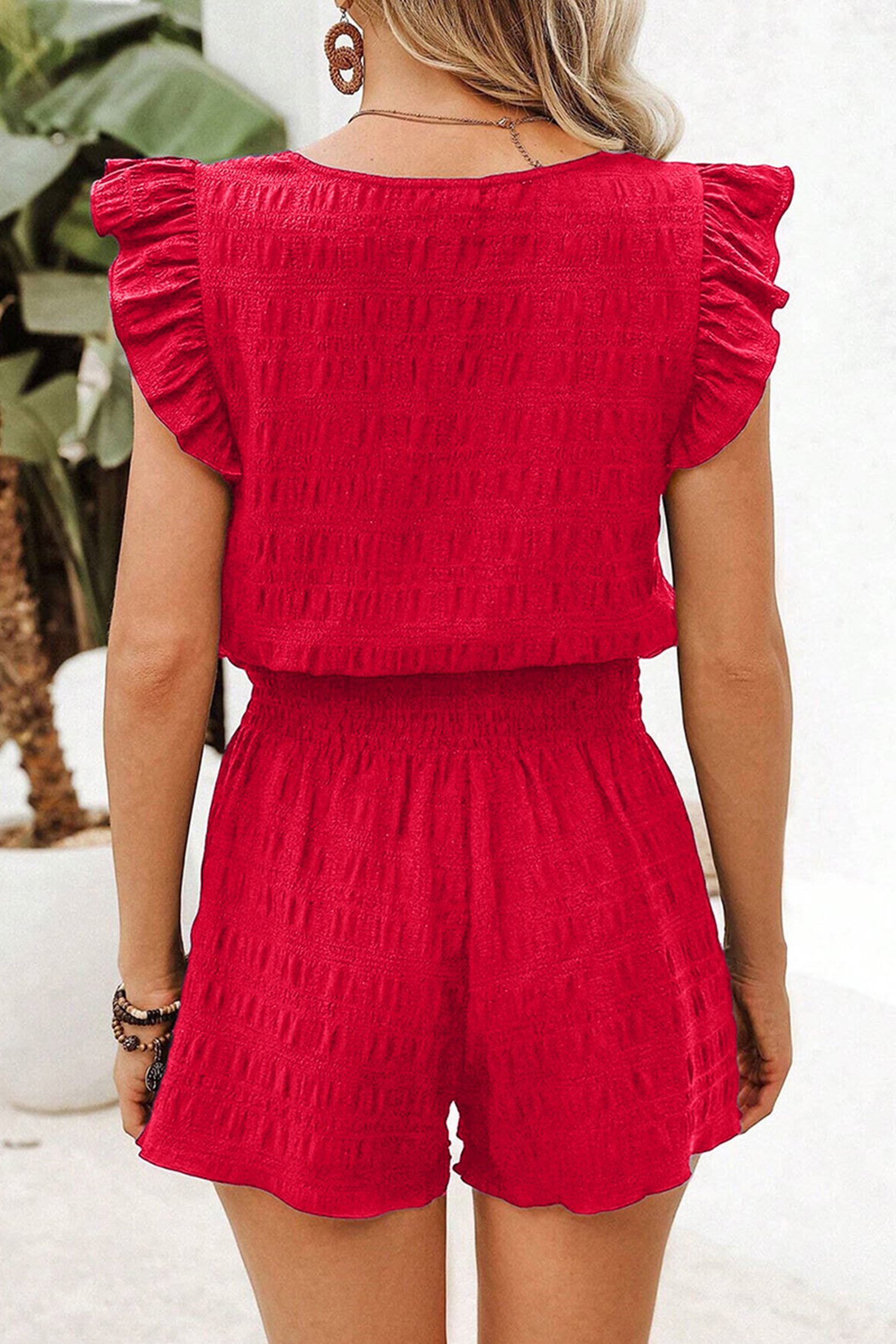 Fiery Red Textured Square Neck Top and Shirred High Waist Shorts Set - Image 2