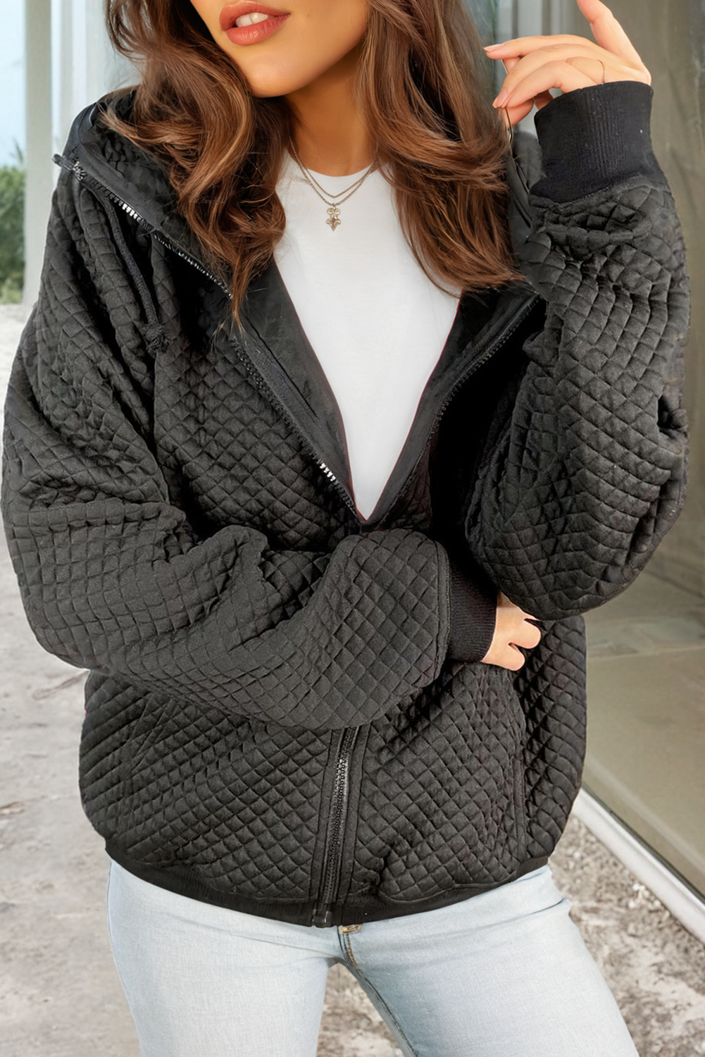 Black Quilted Side Pockets Zipper Hooded Jacket - Image 3
