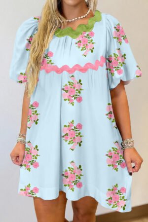 Sky Blue Floral Printed Contrast Ricrac Detail Bubble Sleeve Dress