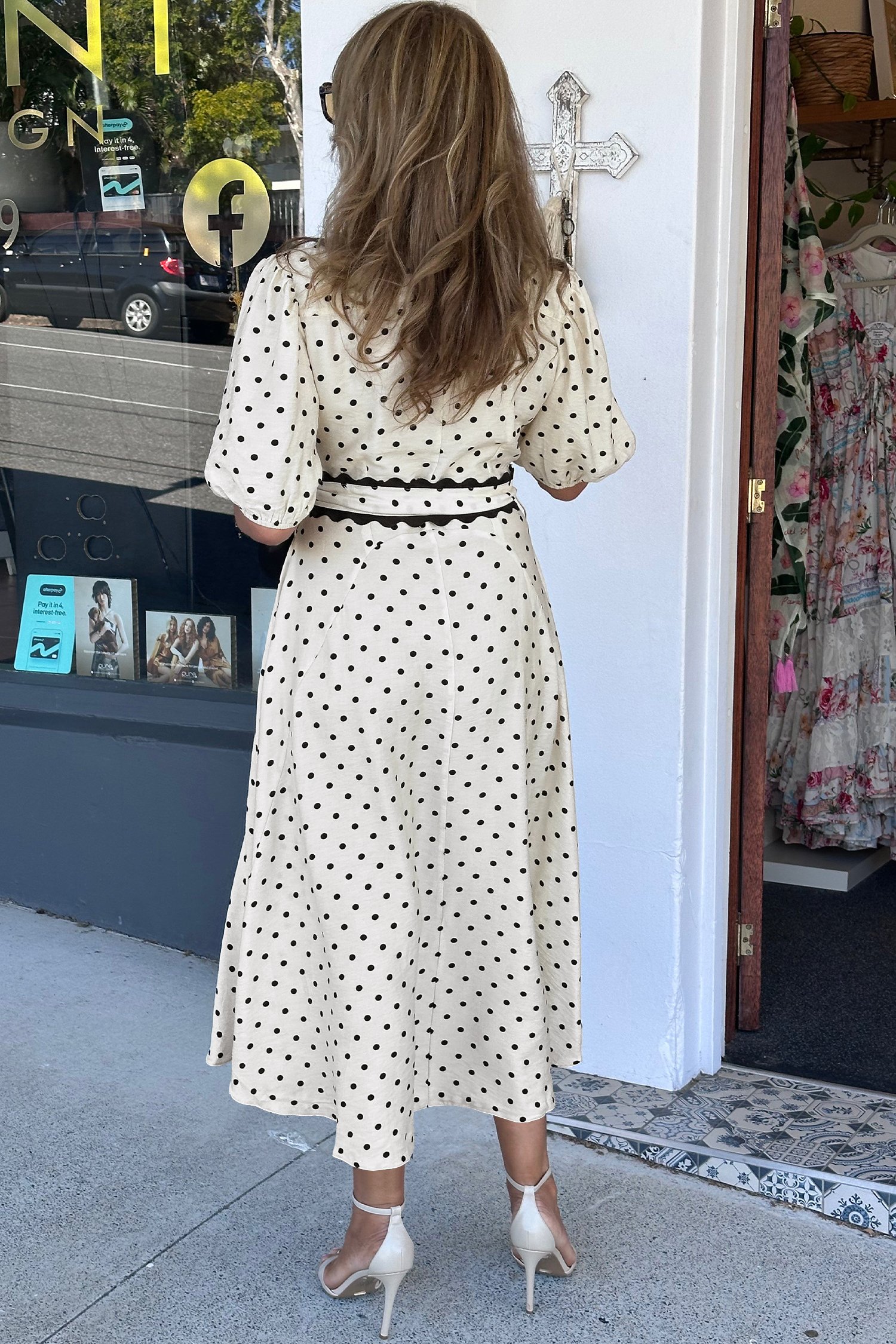White Polka Dot Printed Contrast Scalloped Trim Shirt Collar Button Down Belted Midi Dress - Image 2