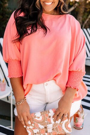 Blossom Shirred Cuffs Half Sleeve Plus Size Textured Blouse