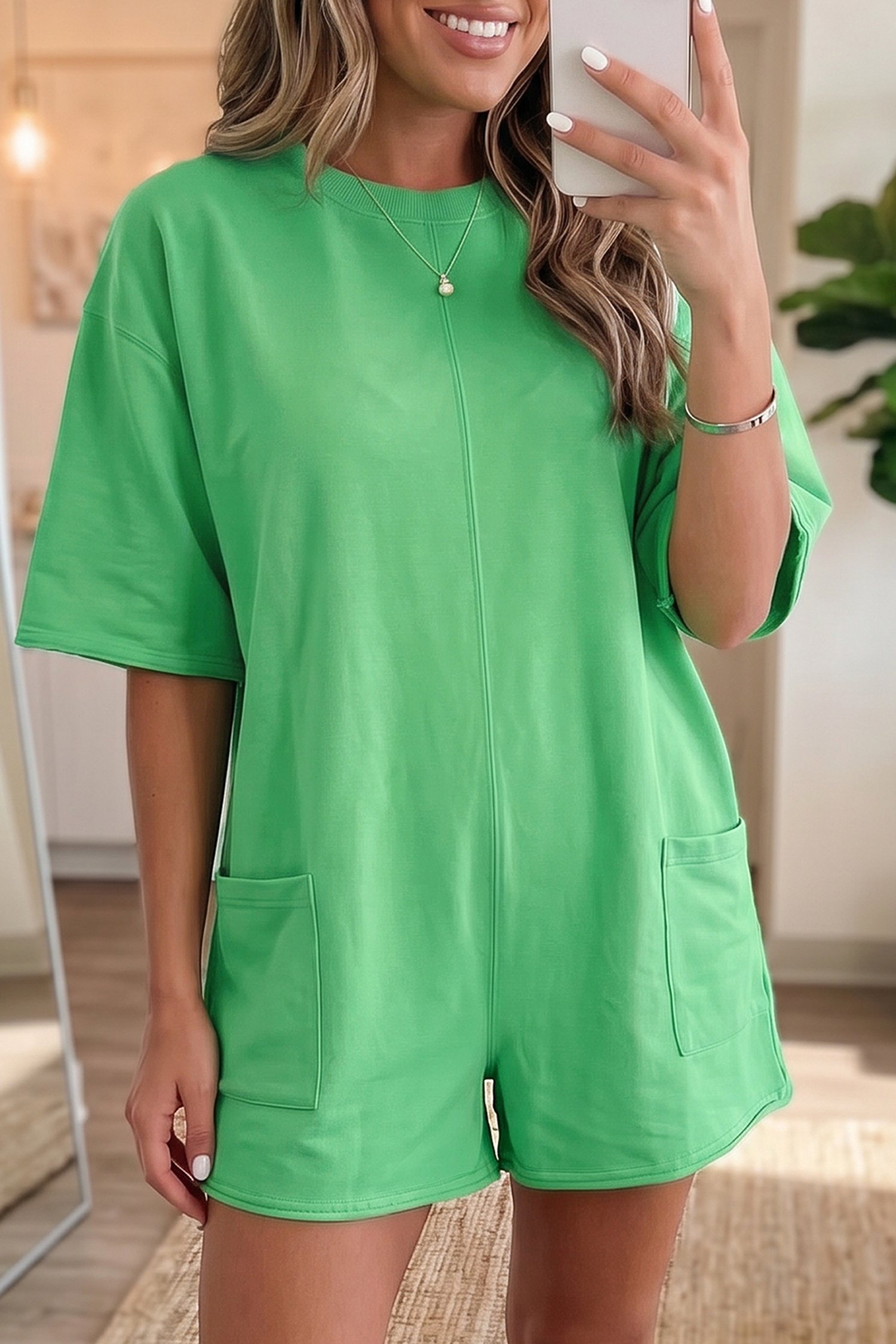 Bright Green Solid Color Raw Edge Half Sleeve Pocketed Loose Romper - Image 5