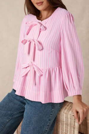 Pink Stripe Bowknot Front Crew Neck Puff Sleeve Blouse