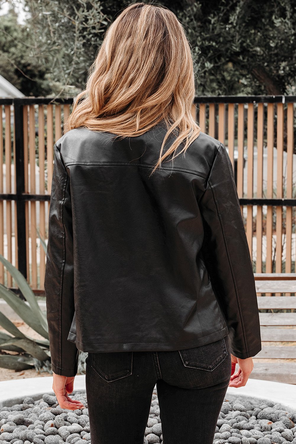 Black Faux Leather Buttoned Front Boxy Jacket - Image 2