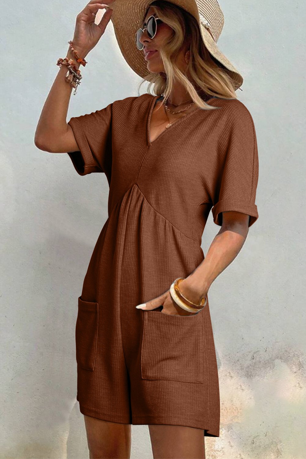 Coffee Solid Color Knit V Neck Zipped Loose Romper - Image 3