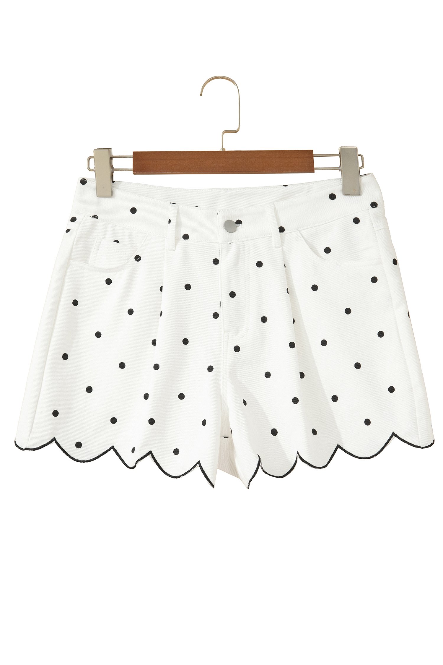 White Polka Dot Print Embroidered Scallop Hem Shorts - Image 17